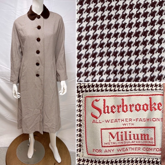 Vintage Jackets & Blazers - Women's Vintage Sherbrooke Brown Houndsbooth Wool Tweed Velvet Overcoat Jacket L